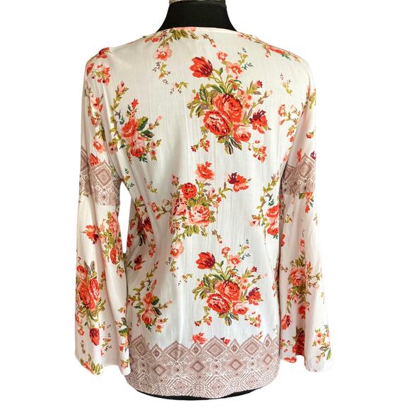 Angie Cream Red Rose Floral Print Tunic Top Flared Sleeves Sz Small Boho Cottage - Picture 5 of 9